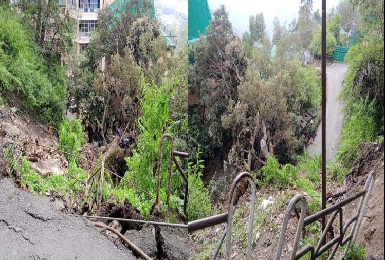 शिमला : हिमाचल प्रदेश हाईकोर्ट के पास धंसी सड़क, भूस्खलन से दो पेड़ गिरे, एक गाड़ी क्षतिग्रस्त।